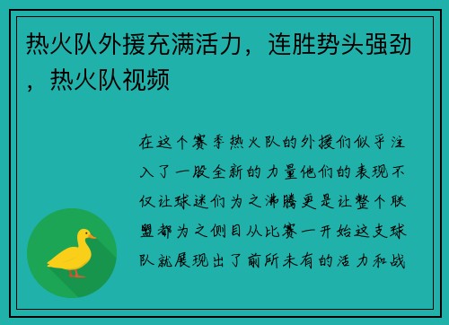 热火队外援充满活力，连胜势头强劲，热火队视频