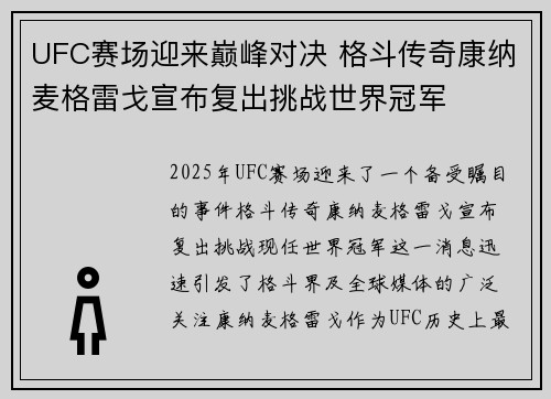 UFC赛场迎来巅峰对决 格斗传奇康纳麦格雷戈宣布复出挑战世界冠军