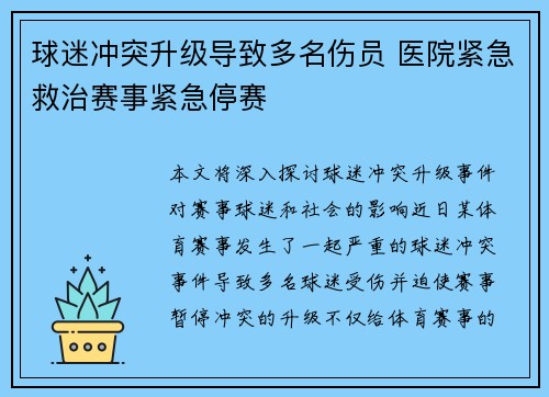 球迷冲突升级导致多名伤员 医院紧急救治赛事紧急停赛