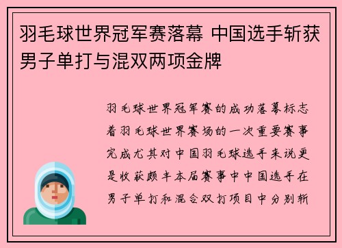 羽毛球世界冠军赛落幕 中国选手斩获男子单打与混双两项金牌
