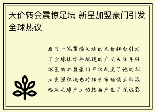 天价转会震惊足坛 新星加盟豪门引发全球热议