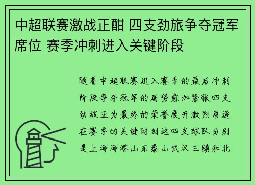 中超联赛激战正酣 四支劲旅争夺冠军席位 赛季冲刺进入关键阶段