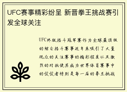 UFC赛事精彩纷呈 新晋拳王挑战赛引发全球关注